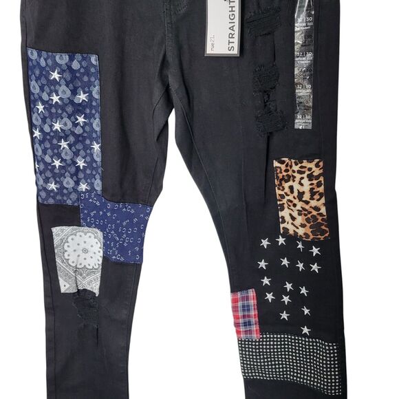 Rue21 Supreme Flex Mens Size 32x30 Black Patchwork Straight Leg Jeans - Picture 5 of 12